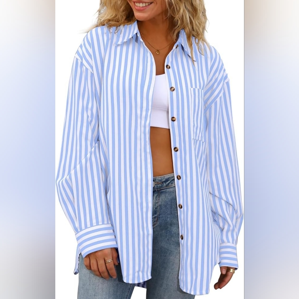 Blue And White Striped Women's  Button-Up Shirt, S